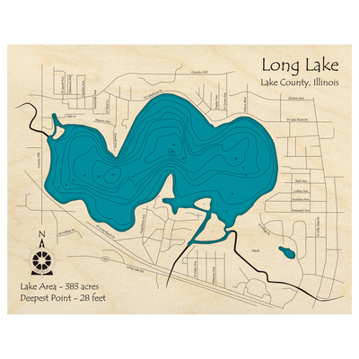 Bathymetric topo map of Long Lake, IL with roads, towns and depths noted in blue water.