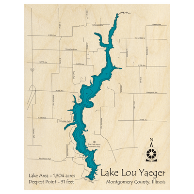 Bathymetric topo map of Lake Lou Yaeger, IL with roads, towns and depths noted in blue water.