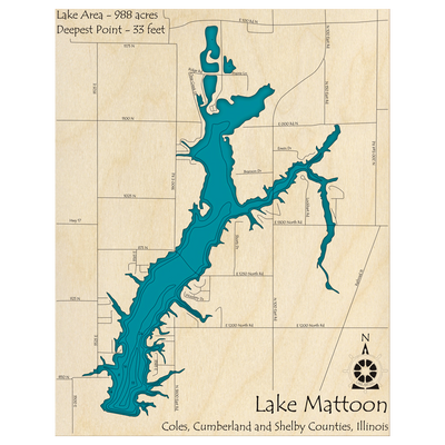 Bathymetric topo map of Lake Mattoon, IL with roads, towns and depths noted in blue water.