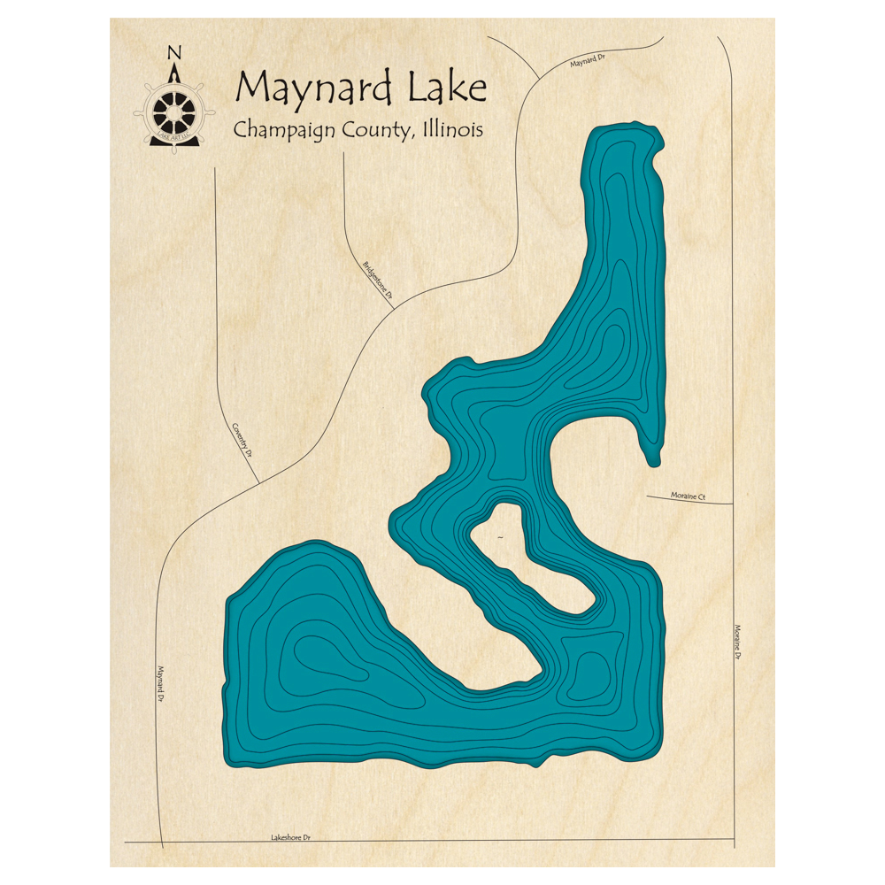 Bathymetric topo map of Maynard Lake, IL with roads, towns and depths noted in blue water.