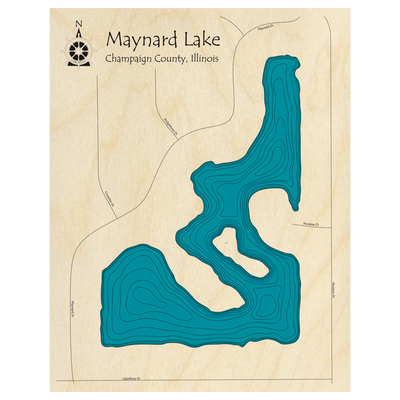 Bathymetric topo map of Maynard Lake, IL with roads, towns and depths noted in blue water.