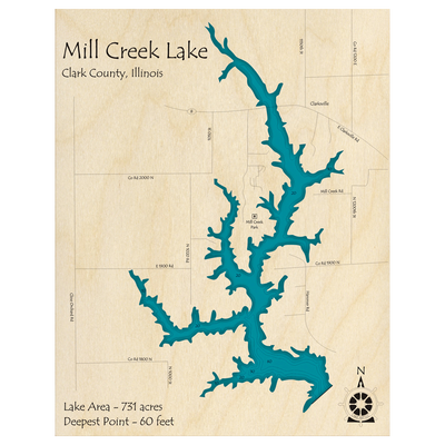 Bathymetric topo map of Mill Creek Lake, IL with roads, towns and depths noted in blue water.