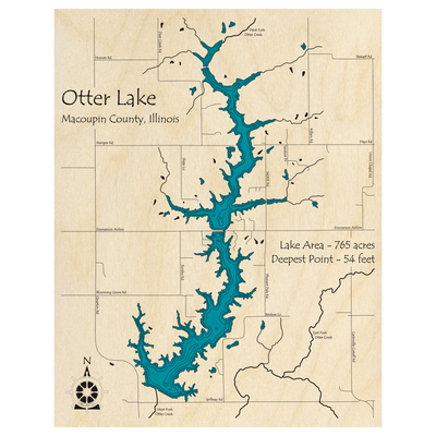 Bathymetric topo map of Otter Lake, IL with roads, towns and depths noted in blue water.