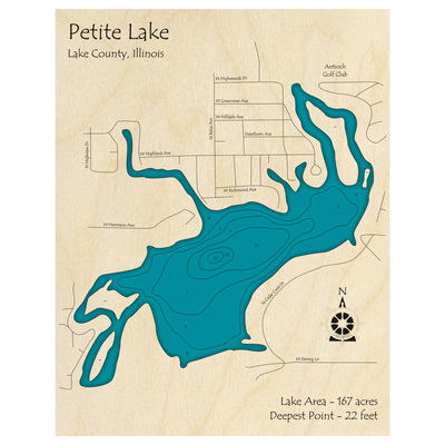 Bathymetric topo map of Petite Lake, IL with roads, towns and depths noted in blue water.