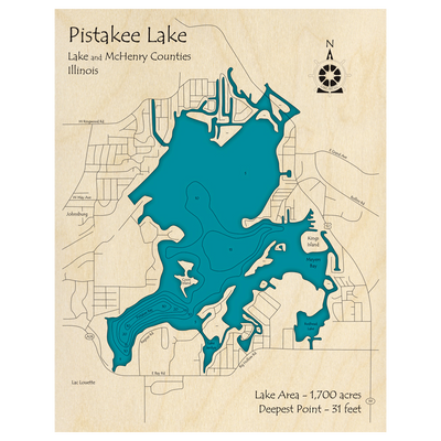 Bathymetric topo map of Pistakee Lake, IL with roads, towns and depths noted in blue water.