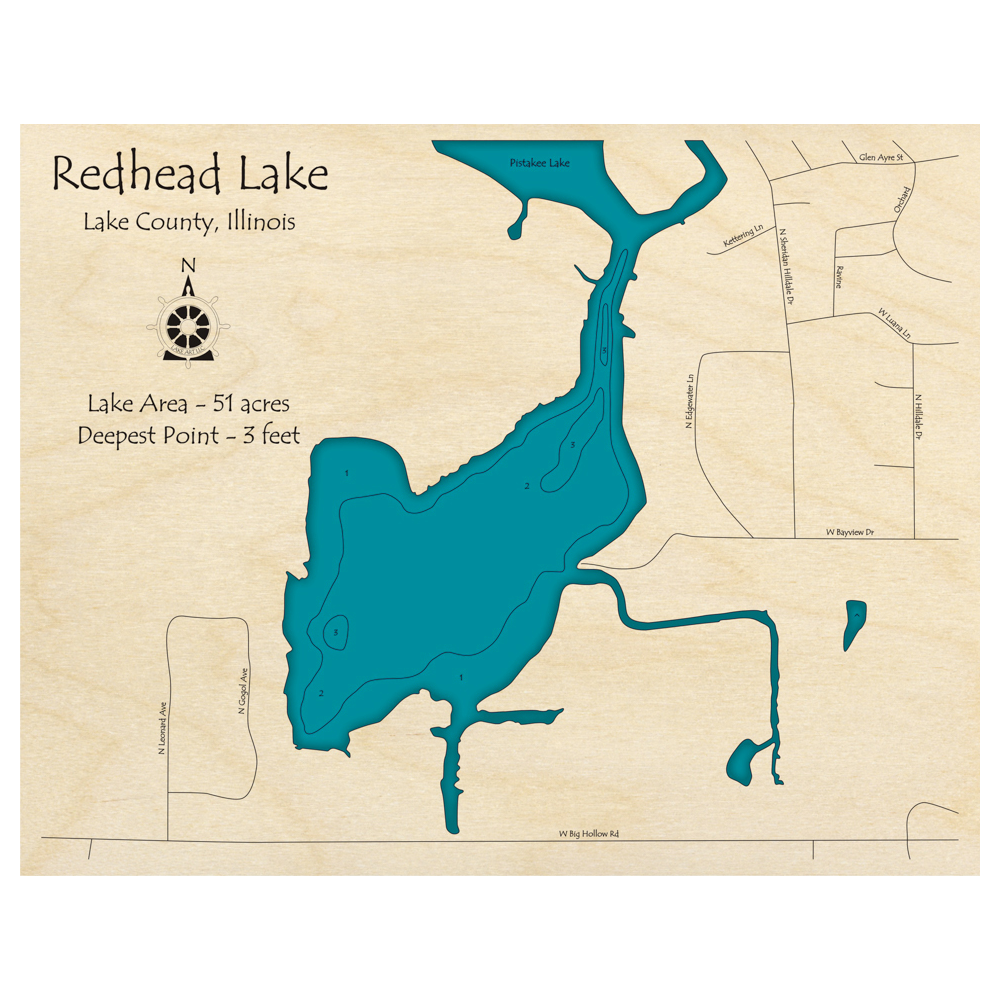Bathymetric topo map of Redhead Lake, IL with roads, towns and depths noted in blue water.
