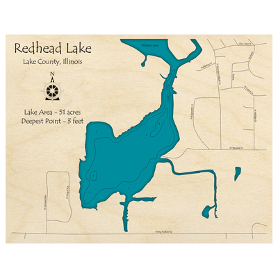 Bathymetric topo map of Redhead Lake, IL with roads, towns and depths noted in blue water.