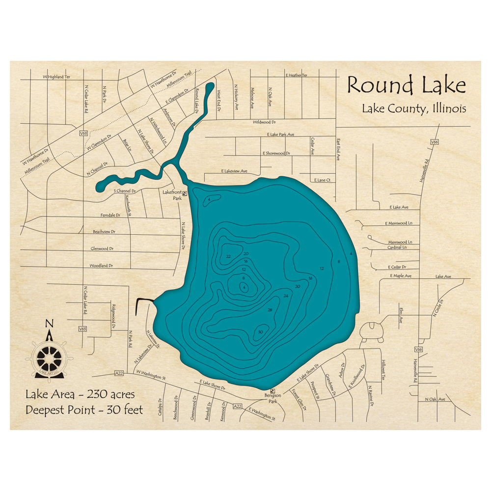Bathymetric topo map of Round Lake, IL with roads, towns and depths noted in blue water.