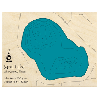 Bathymetric topo map of Sand Lake, IL with roads, towns and depths noted in blue water.