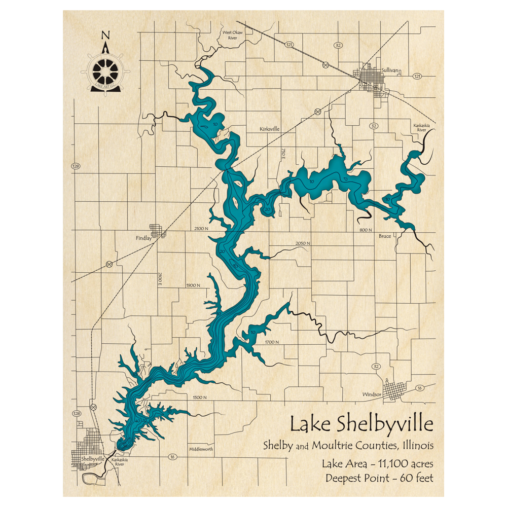 Bathymetric topo map of Lake Shelbyville, IL with roads, towns and depths noted in blue water.
