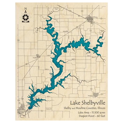 Bathymetric topo map of Lake Shelbyville, IL with roads, towns and depths noted in blue water.