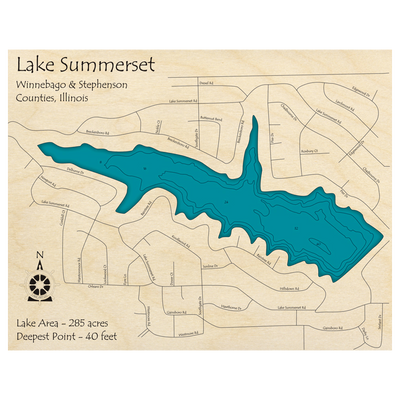 Bathymetric topo map of Lake Summerset, IL with roads, towns and depths noted in blue water.