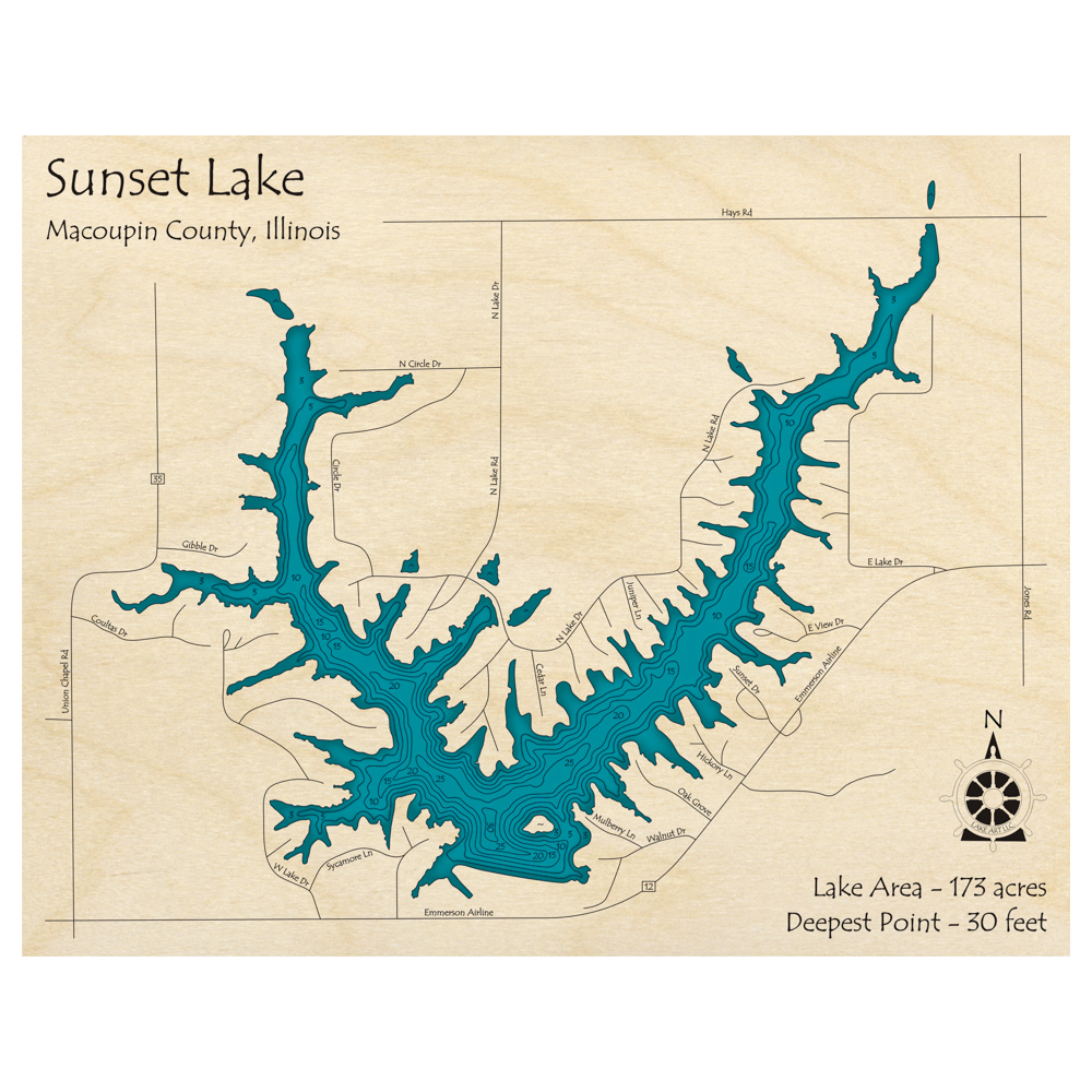 Bathymetric topo map of Sunset Lake, IL with roads, towns and depths noted in blue water.