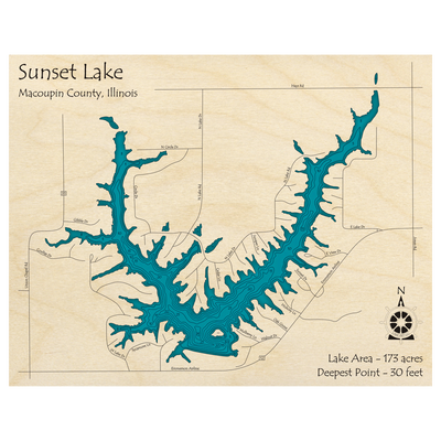 Bathymetric topo map of Sunset Lake, IL with roads, towns and depths noted in blue water.