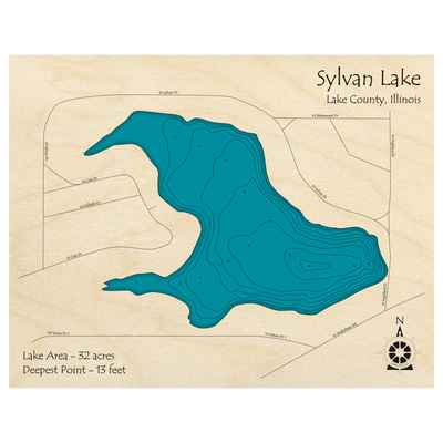 Bathymetric topo map of Sylvan Lake, IL with roads, towns and depths noted in blue water.