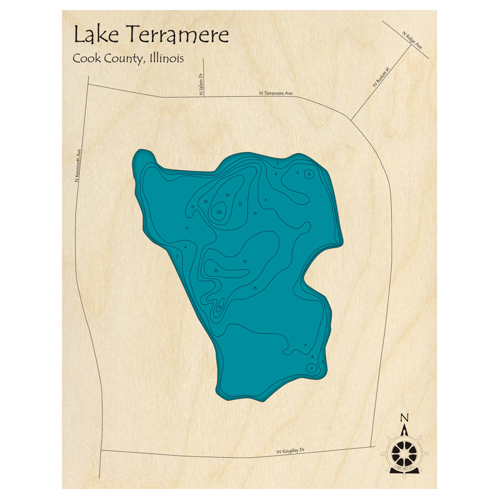 Bathymetric topo map of Lake Terramere, IL with roads, towns and depths noted in blue water.