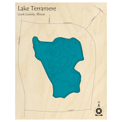 Bathymetric topo map of Lake Terramere, IL with roads, towns and depths noted in blue water.