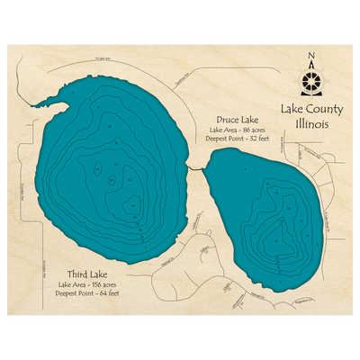 Bathymetric topo map of Third and Druce Lakes, IL with roads, towns and depths noted in blue water.