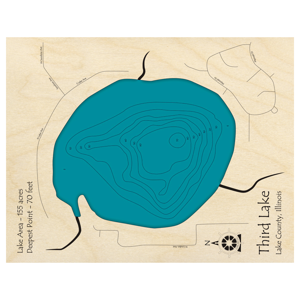 Bathymetric topo map of Third Lake, IL with roads, towns and depths noted in blue water.