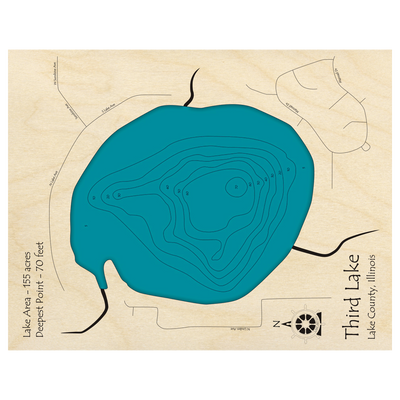 Bathymetric topo map of Third Lake, IL with roads, towns and depths noted in blue water.