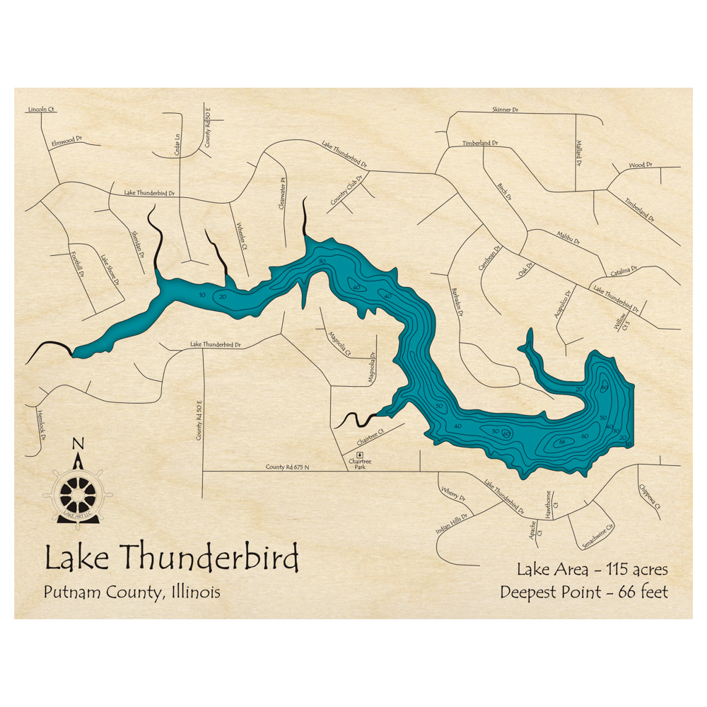 Bathymetric topo map of Lake Thunderbird, IL with roads, towns and depths noted in blue water.