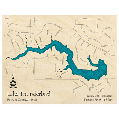 Bathymetric topo map of Lake Thunderbird, IL with roads, towns and depths noted in blue water.