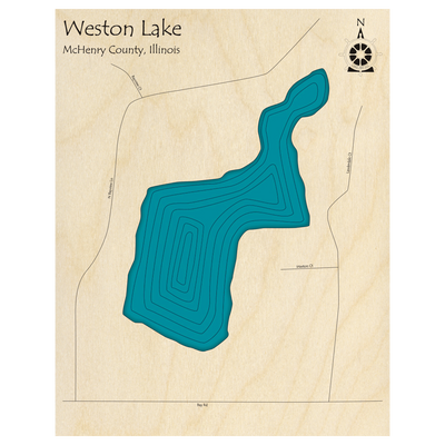 Bathymetric topo map of Weston Lake, IL with roads, towns and depths noted in blue water.