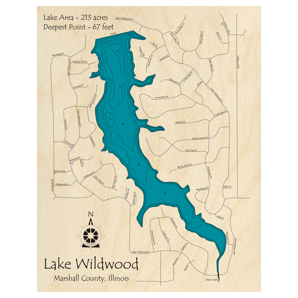 Bathymetric topo map of Lake Wildwood, IL with roads, towns and depths noted in blue water.