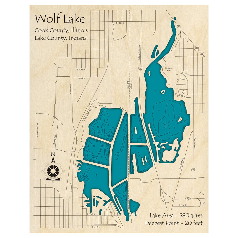 Bathymetric topo map of Wolf Lake (IL, IN) with roads, towns and depths noted in blue water.