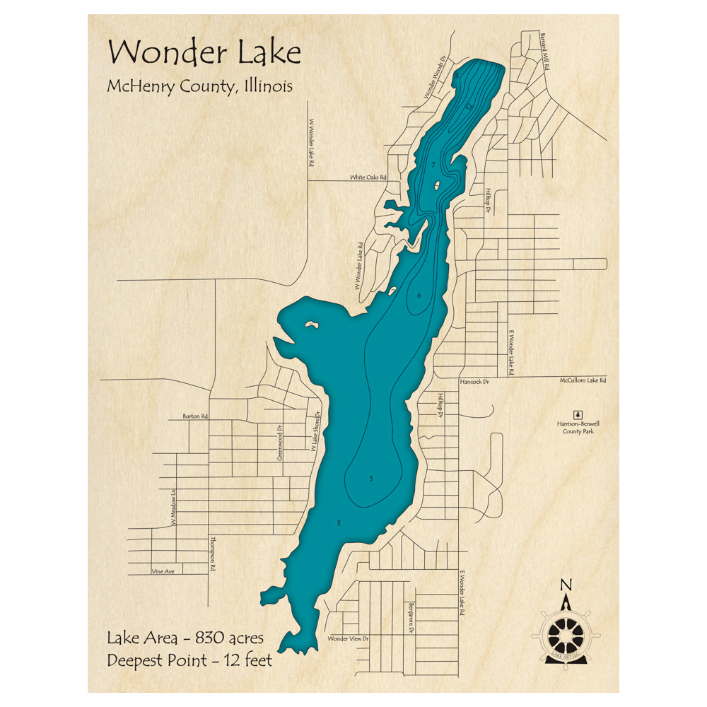 Bathymetric topo map of Wonder Lake, IL with roads, towns and depths noted in blue water.