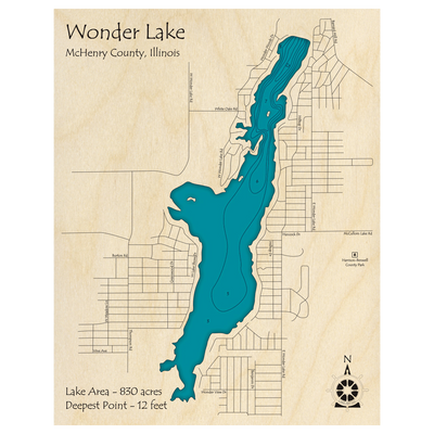 Bathymetric topo map of Wonder Lake, IL with roads, towns and depths noted in blue water.