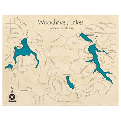 Bathymetric topo map of Woodhaven Lakes, IL with roads, towns and depths noted in blue water.