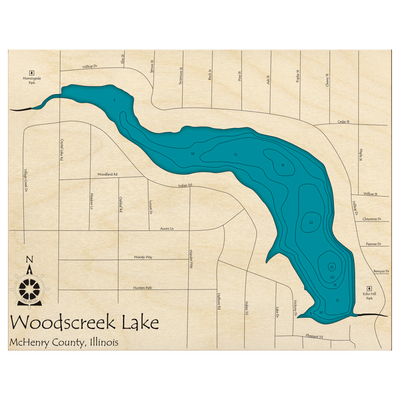 Bathymetric topo map of Woodscreek Lake, IL with roads, towns and depths noted in blue water.