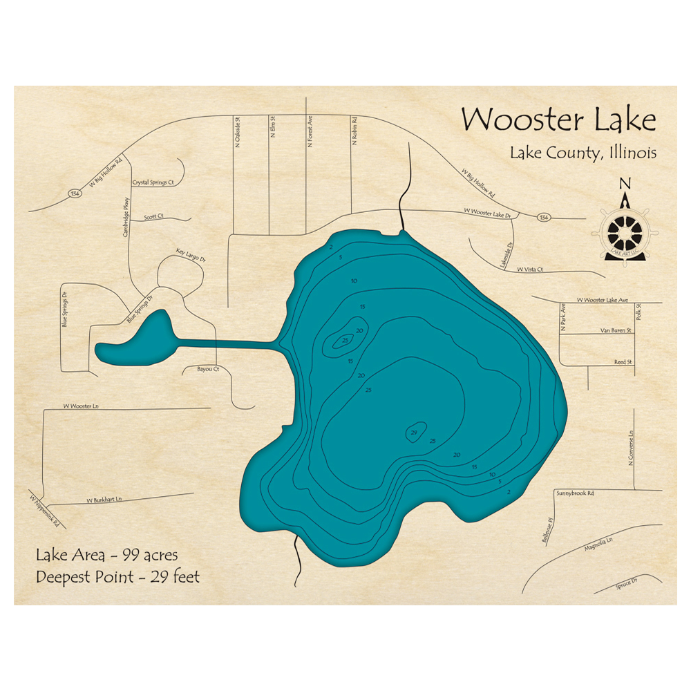 Bathymetric topo map of Wooster Lake, IL with roads, towns and depths noted in blue water.