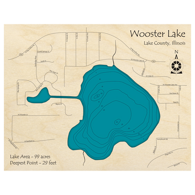 Bathymetric topo map of Wooster Lake, IL with roads, towns and depths noted in blue water.