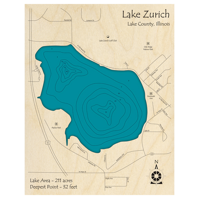 Bathymetric topo map of Lake Zurich, IL with roads, towns and depths noted in blue water.