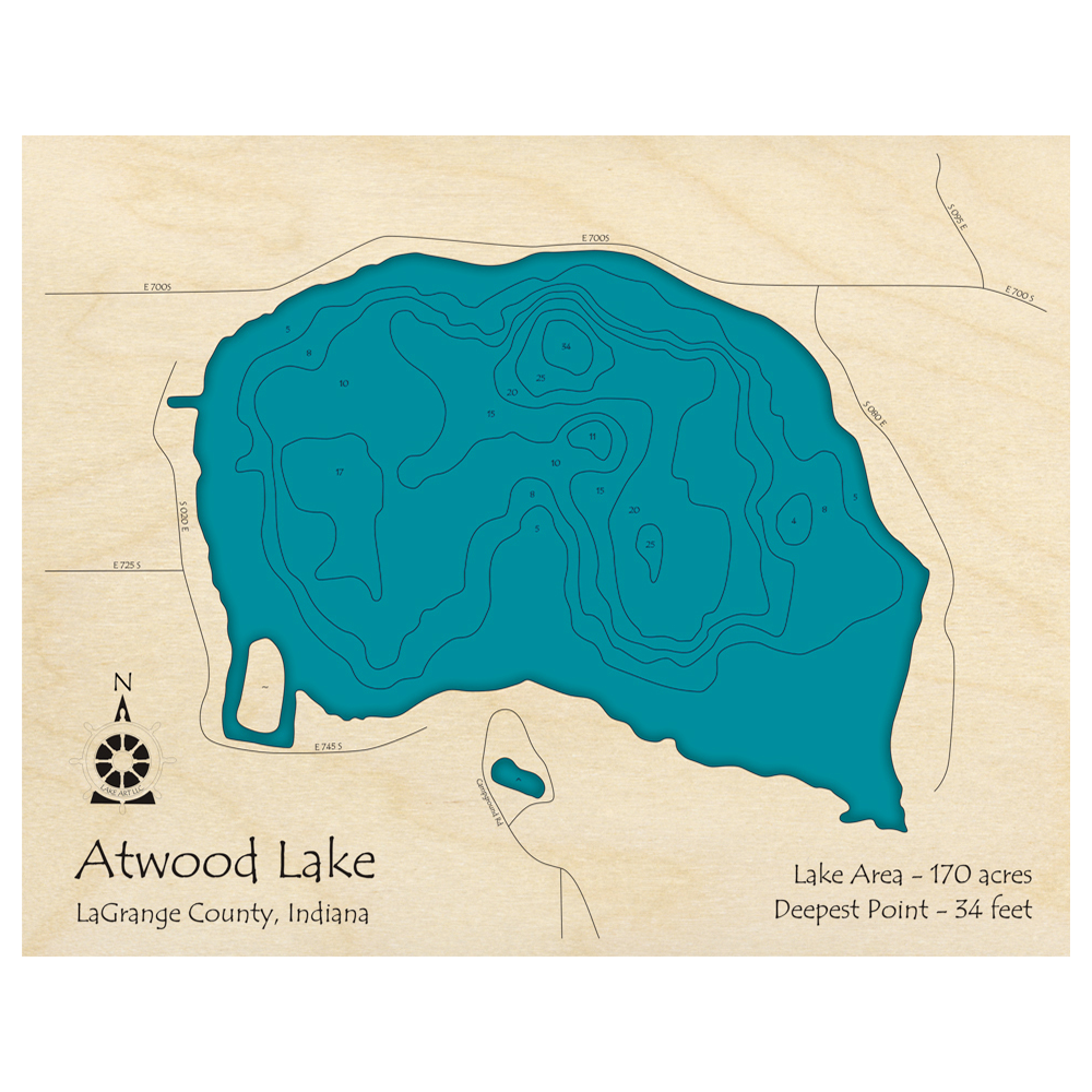 Bathymetric topo map of Atwood Lake, IN with roads, towns and depths noted in blue water.