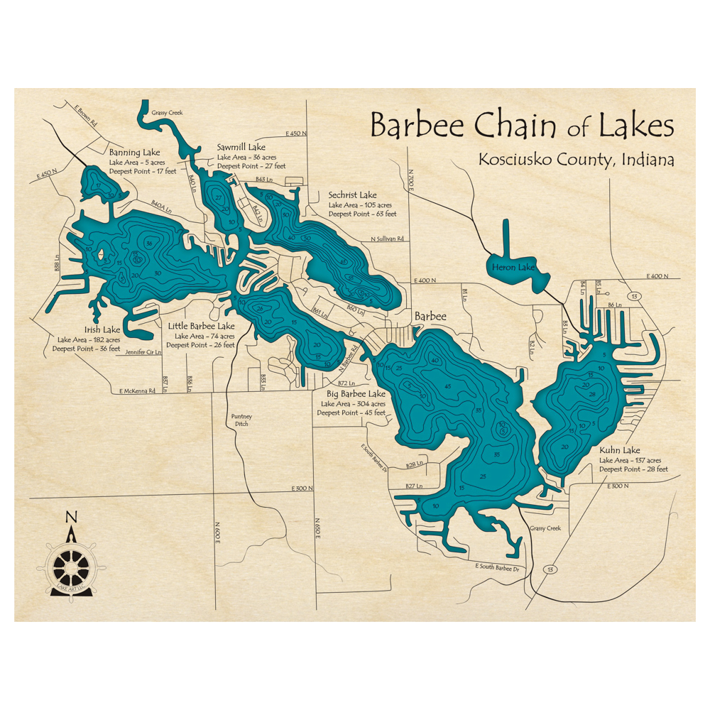 Bathymetric topo map of Barbee Chain of Lakes, IN with roads, towns and depths noted in blue water.