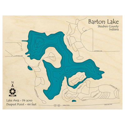 Bathymetric topo map of Barton Lake, IN with roads, towns and depths noted in blue water.