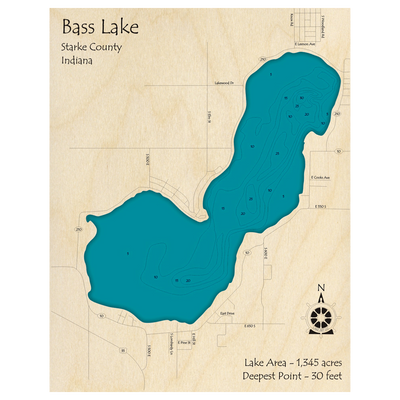 Bathymetric topo map of Bass Lake, IN with roads, towns and depths noted in blue water.