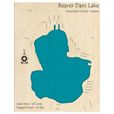 Bathymetric topo map of Beaver Dam Lake, IN with roads, towns and depths noted in blue water.