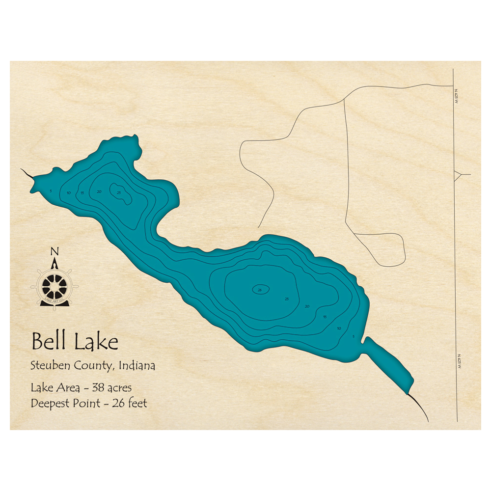 Bathymetric topo map of Bell Lake, IN with roads, towns and depths noted in blue water.