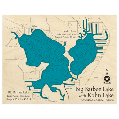 Bathymetric topo map of Big Barbee Lake and Kuhn Lake, IN with roads, towns and depths noted in blue water.