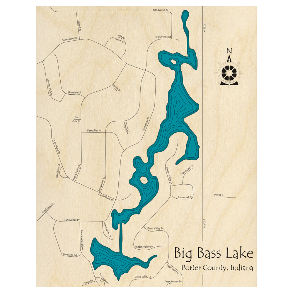 Bathymetric topo map of Big Bass Lake, IN with roads, towns and depths noted in blue water.