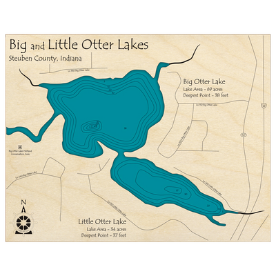 Bathymetric topo map of Big and Little Otter Lake, IN with roads, towns and depths noted in blue water.