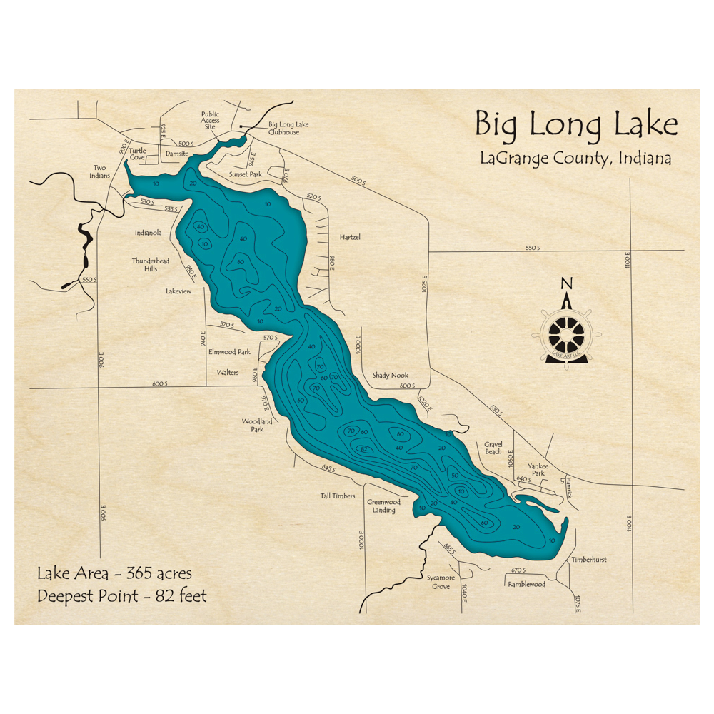 Bathymetric topo map of Big Long Lake, IN with roads, towns and depths noted in blue water.