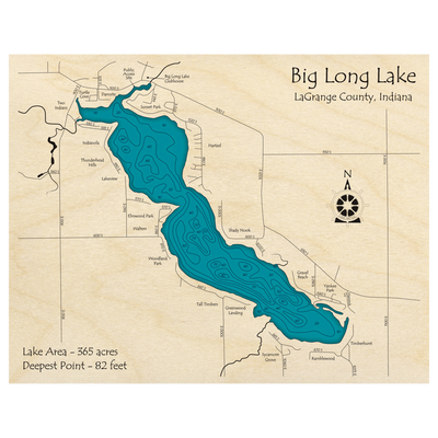 Bathymetric topo map of Big Long Lake, IN with roads, towns and depths noted in blue water.