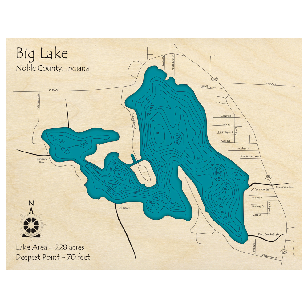Bathymetric topo map of Big Lake, IN with roads, towns and depths noted in blue water.