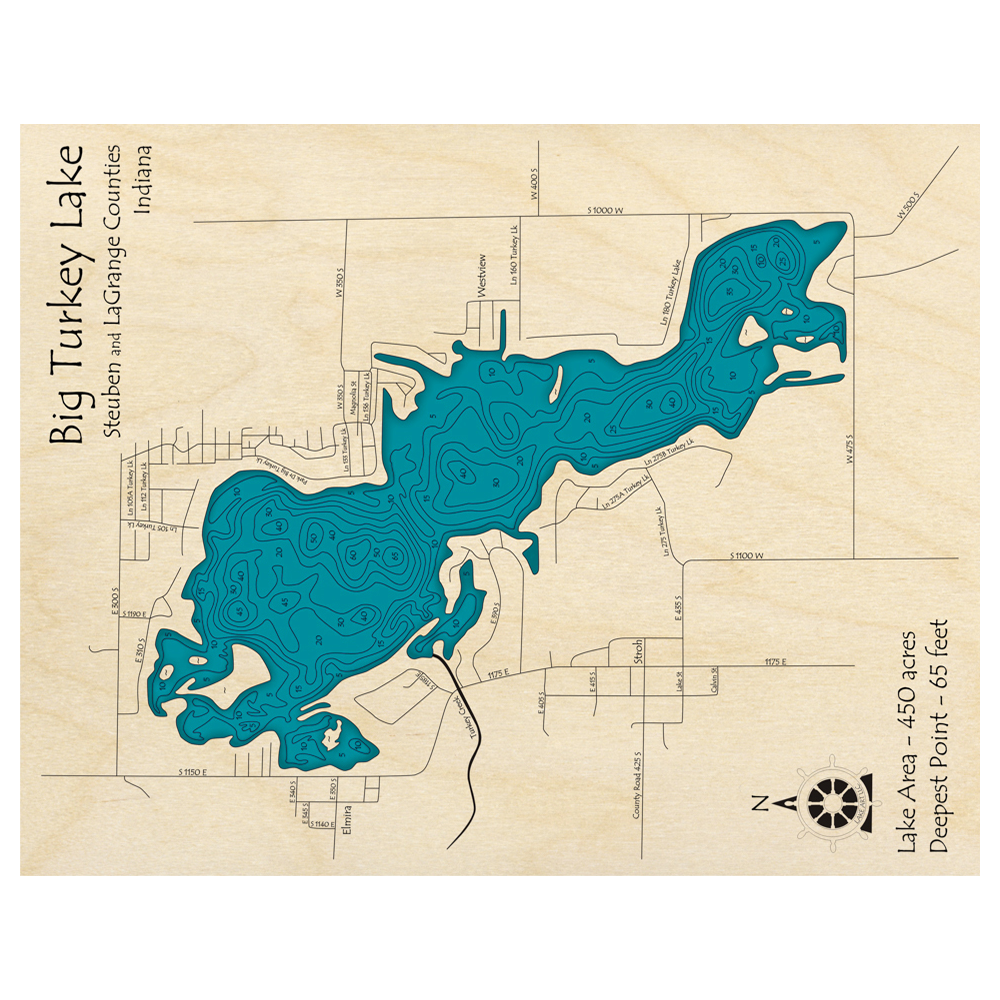 Bathymetric topo map of Big Turkey Lake, IN with roads, towns and depths noted in blue water.