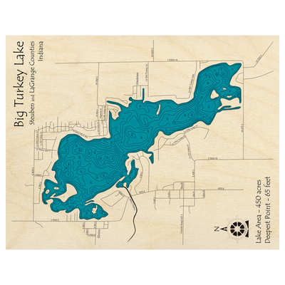 Bathymetric topo map of Big Turkey Lake, IN with roads, towns and depths noted in blue water.